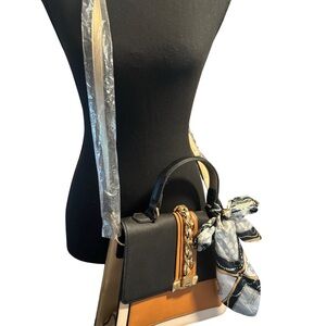 Elegant Tricolor Handbag with Scarf Accent